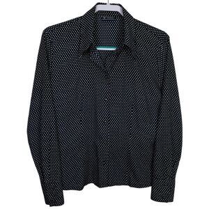 Basler Blouse Top Women M (Bust 44") Navy Blue Polka Dot Button Down Long Sleeve